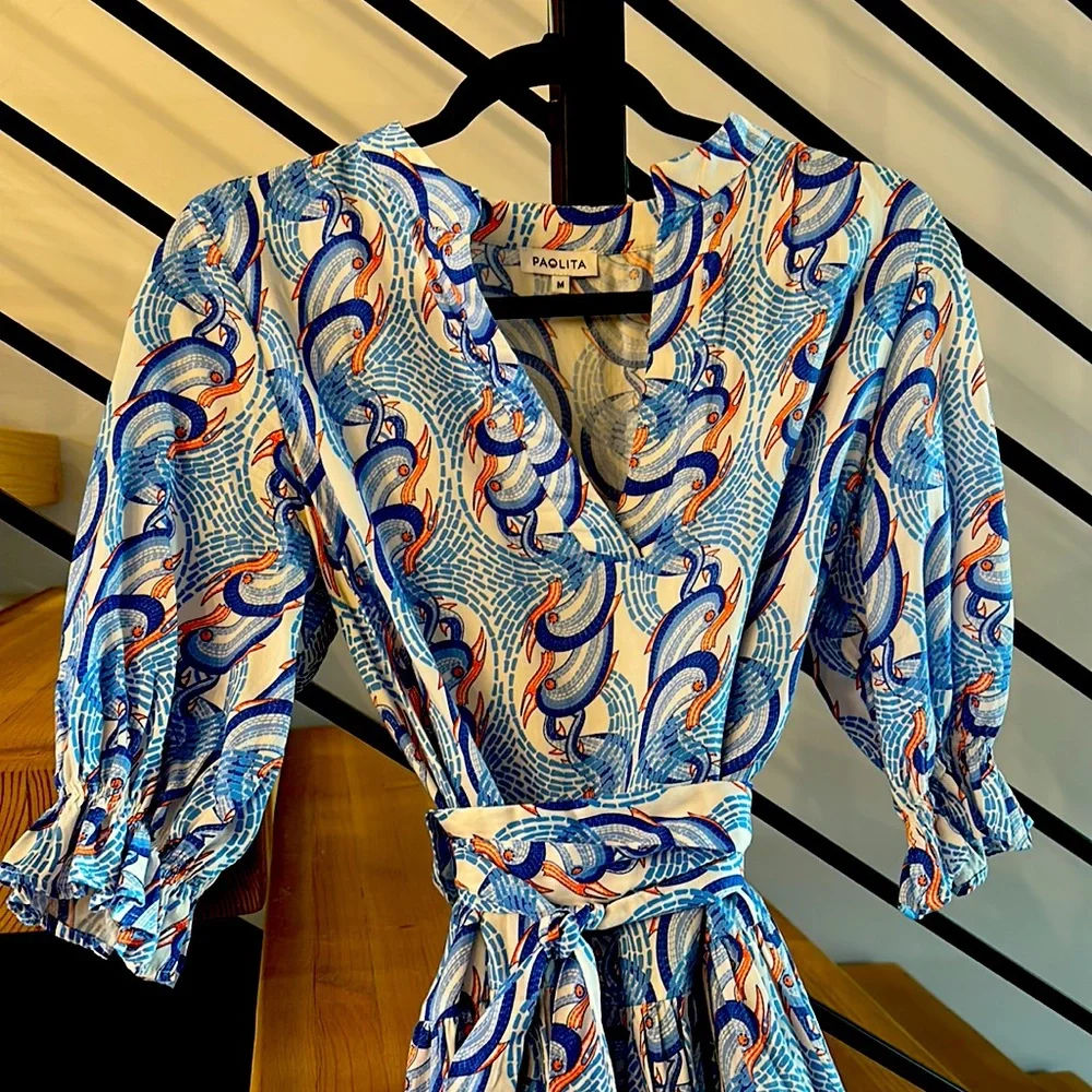 Paolita size medium blue, orange and white flouncy dress. - Picture 5 of 5